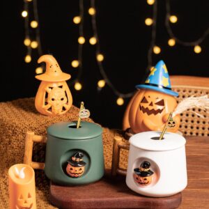 DIHOclub Adorable 3D Ceramic Pumpkin Head Mug with Lid and Spoon - Perfect for Coffee, Tea, Milk, and More - Ideal Gift for Halloween - 14 Ounces (HalloweenG)