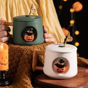 DIHOclub Adorable 3D Ceramic Pumpkin Head Mug with Lid and Spoon - Perfect for Coffee, Tea, Milk, and More - Ideal Gift for Halloween - 14 Ounces (HalloweenG)