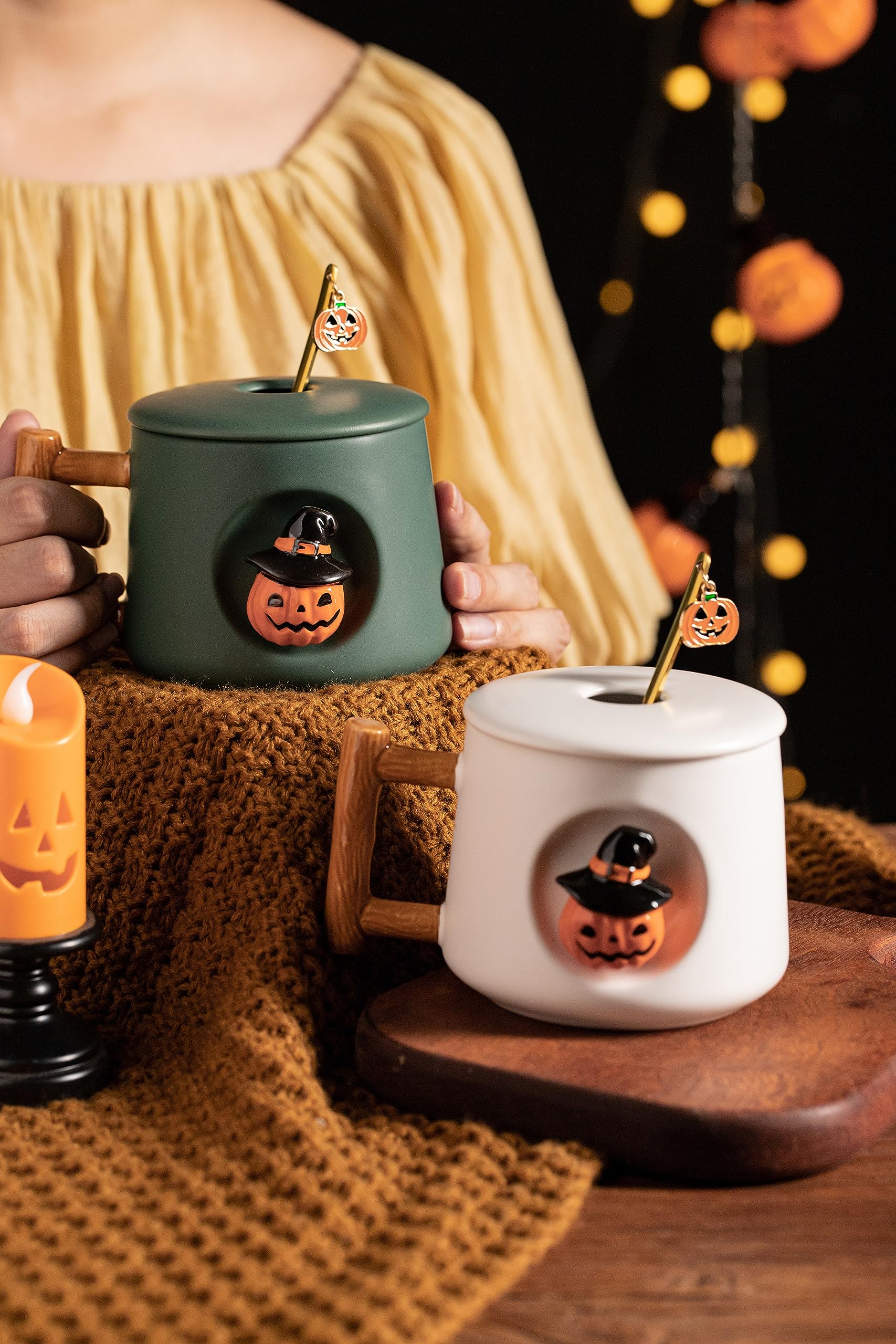 DIHOclub Adorable 3D Ceramic Pumpkin Head Mug with Lid and Spoon - Perfect for Coffee, Tea, Milk, and More - Ideal Gift for Halloween - 14 Ounces (HalloweenG)