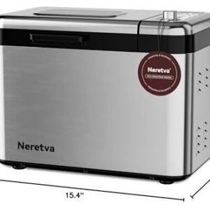 Neretva Bread Maker, 3.3LB Larger Bread Machine 15-in-1 Stainless Steel & Nonstick Ceramic Pan & Auto Nut Dispenser Bread Maker Machine Full Touch Panel with Gluten Free White Wheat Rye French Pizza