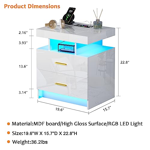 SKKTKT LED Nightstand with Charging Station, Modern White Bedside Table with Body Sensor Light, Night Stand with 2 Storage Drawers & 24 Color Changing, High Gloss End Table Bed Side Table for Bedroom