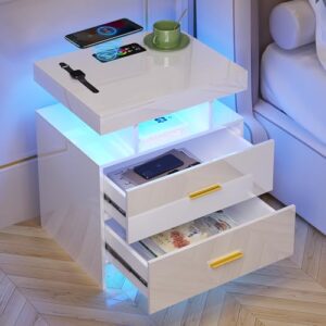 SKKTKT LED Nightstand with Charging Station, Modern White Bedside Table with Body Sensor Light, Night Stand with 2 Storage Drawers & 24 Color Changing, High Gloss End Table Bed Side Table for Bedroom