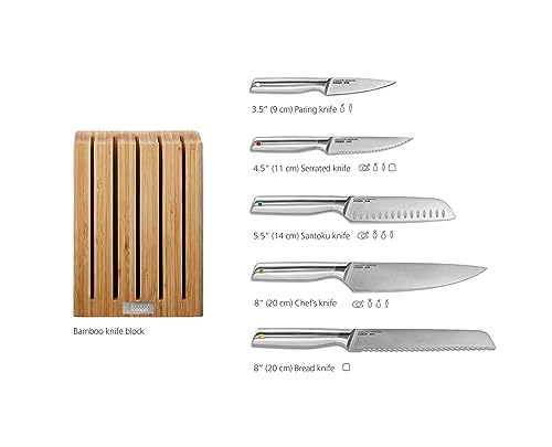 Joseph Joseph Elevate Kitchen Knives 5-Piece Set, Japanese Stainless Steel, Slimline Bamboo Knife Block