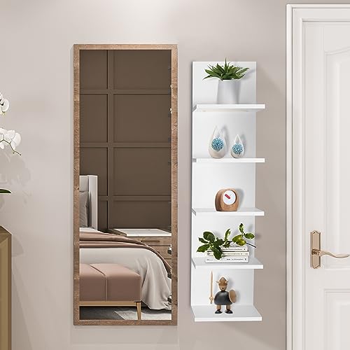 Bloddream 5 Tier Wall Shelves with LED Light, Modern Wall Mount Lack Shelf, Vanity Floating Shelves Home Decor Organizer Tall Tower Design Utility Shelf (White)