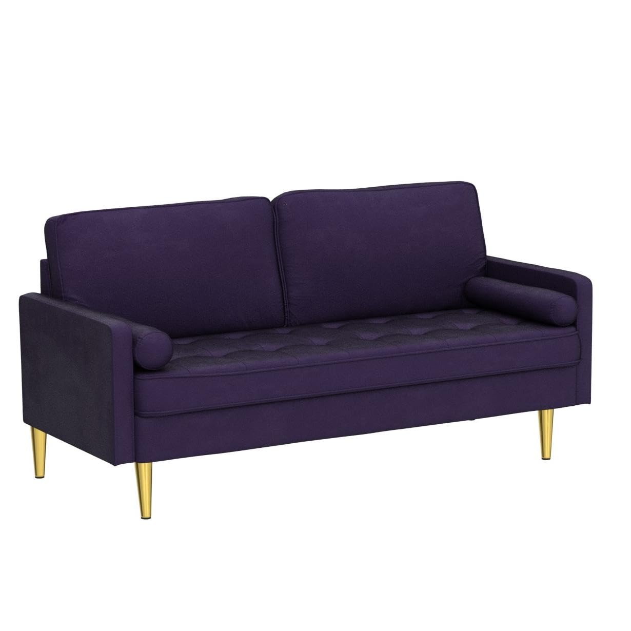 RXRRXY 67" Modern Velvet Loveseat Sofa Couch, Mid-Century Tufted Upholstered Small Love Seat Couch with 2 Pillows & 4 Golden Legs, 2-Seats Couches for Compact Space, Living Room, Apartment (Purple)