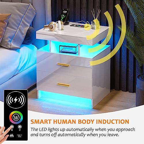 SKKTKT LED Nightstand with Charging Station, Modern White Bedside Table with Body Sensor Light, Night Stand with 2 Storage Drawers & 24 Color Changing, High Gloss End Table Bed Side Table for Bedroom