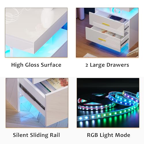 SKKTKT LED Nightstand with Charging Station, Modern White Bedside Table with Body Sensor Light, Night Stand with 2 Storage Drawers & 24 Color Changing, High Gloss End Table Bed Side Table for Bedroom