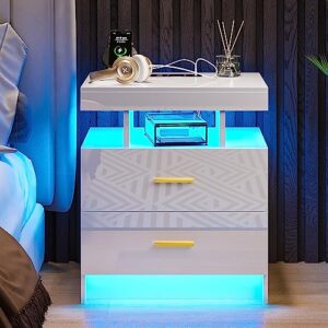 SKKTKT LED Nightstand with Charging Station, Modern White Bedside Table with Body Sensor Light, Night Stand with 2 Storage Drawers & 24 Color Changing, High Gloss End Table Bed Side Table for Bedroom