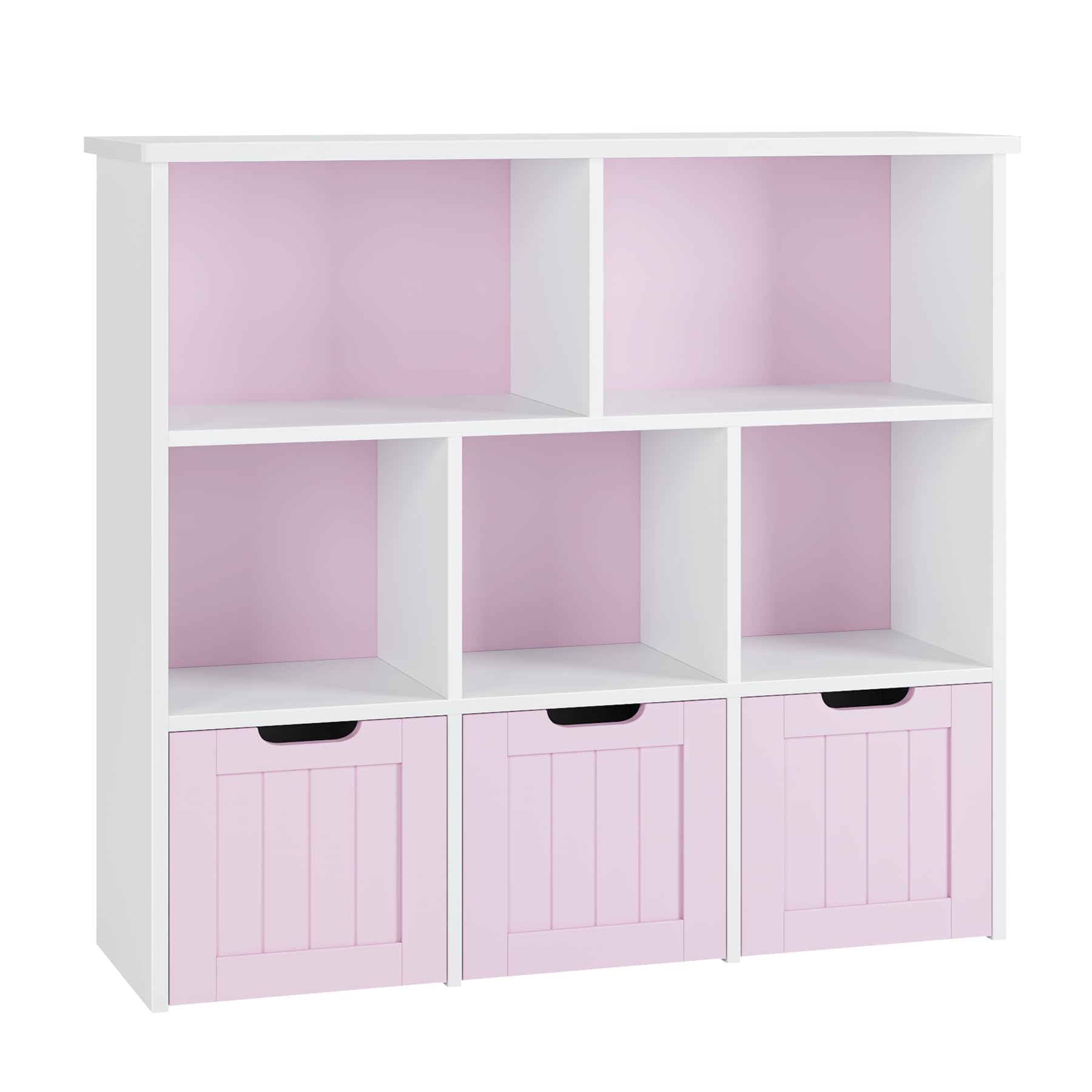 FOTOSOK Toy Storage Organizer with 3 Movable Drawers, Floor Storage Cabinet Toy Chest with Hidden Wheels and 5 Storage Cubbies, Multifunctional Storage Chest for Living Room, Home Office, Pink