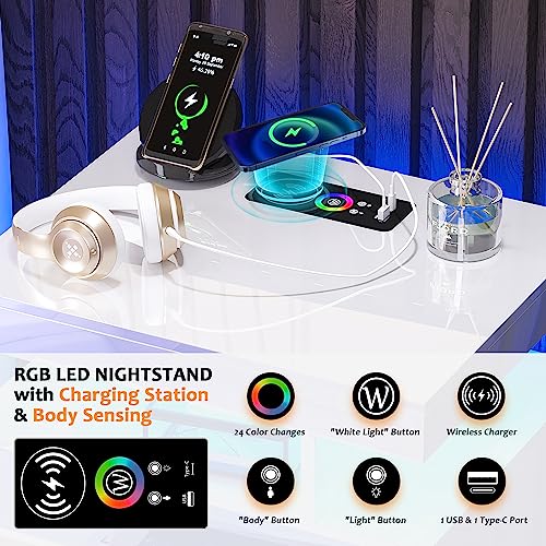 SKKTKT LED Nightstand with Charging Station, Modern White Bedside Table with Body Sensor Light, Night Stand with 2 Storage Drawers & 24 Color Changing, High Gloss End Table Bed Side Table for Bedroom