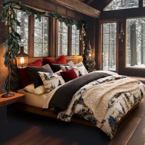 paseo road by hiend accents cabin bedding acadia 3 piece lodge duvet cover set with pillow shams, king forest bedding, cotton pine trees comforter cover set, woodland nature western rustic bed set