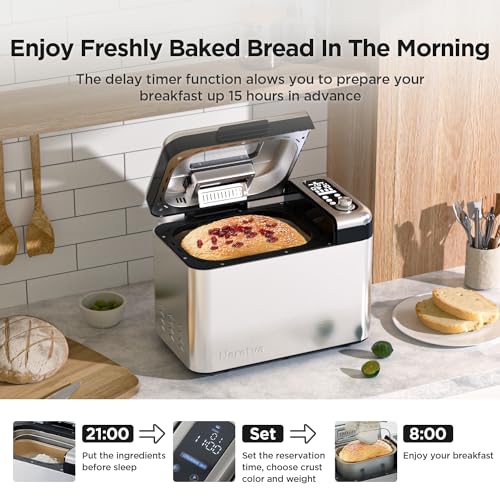 Neretva Bread Maker, 3.3LB Larger Bread Machine 15-in-1 Stainless Steel & Nonstick Ceramic Pan & Auto Nut Dispenser Bread Maker Machine Full Touch Panel with Gluten Free White Wheat Rye French Pizza