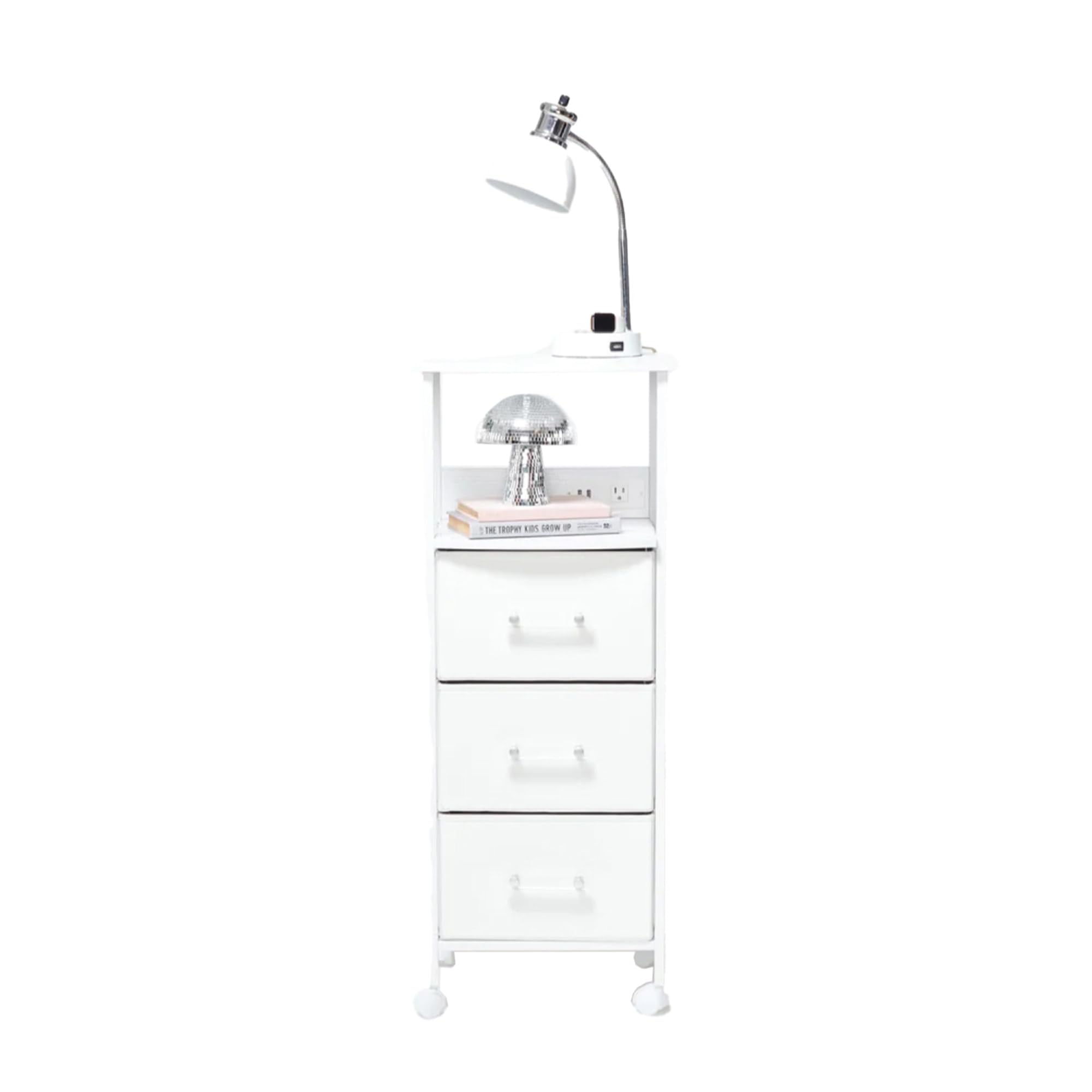 Dormify Charging 3-Drawer Cart on Wheels | 1 Outlet & 2 USB Ports | Fabric Drawers | Nightstand | Closet Dresser | White with Clear Handles | Storage for Small Spaces | Dorm Room Essentials