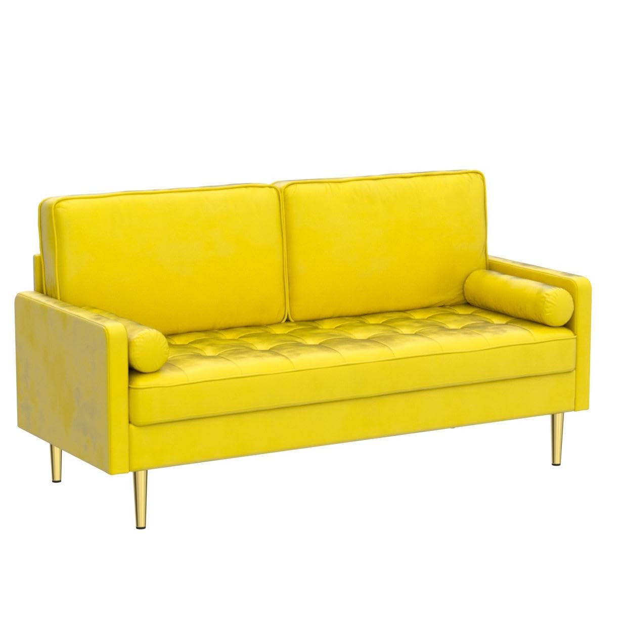 Hdxdkog Velvet Loveseat Sofa, 66.9'' Mid Century Modern Small Love Seats with 2 Pillows & Golden Legs Comfy Couch for Living Room, Upholstered 2 Seater Sofa for Small Apartment (Yellow)