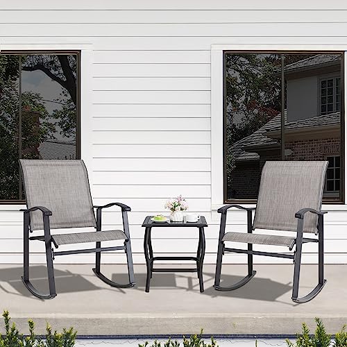 Shintenchi 3 Piece Rocking Bistro Set, Outdoor Furniture with Rocker Chairs and Glass coffee table set of 3, Balcony, Porch Furniture for Small Space, Taupe Gray