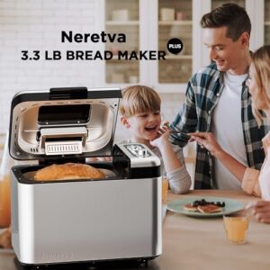 Neretva Bread Maker, 3.3LB Larger Bread Machine 15-in-1 Stainless Steel & Nonstick Ceramic Pan & Auto Nut Dispenser Bread Maker Machine Full Touch Panel with Gluten Free White Wheat Rye French Pizza