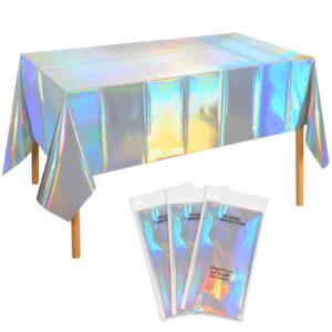 melsan iridescence plastic table cloth for rectangle tables, 3 pack holographic disposable tablecloths for easter decorations, unicorn, mermaid, bridal shower party decorations, 54×108 in