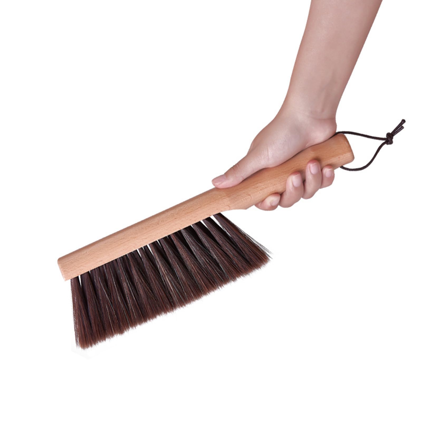 Hand Broom with Wooden Handle, Soft Natural Counter Dusting Brush Cleaning Brush for Cleaning Clothes, Sofa, Bed Sheets and Carpet (Round Handle)