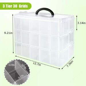 Large size Craft Storage Box with 30 Adjustable Compartments 3-Tier Bead Storage Organizer Clear Stackable Plastic Box Containers with Handle for Arts Jewelry Toy Sewing Accessories Beauty Supplies