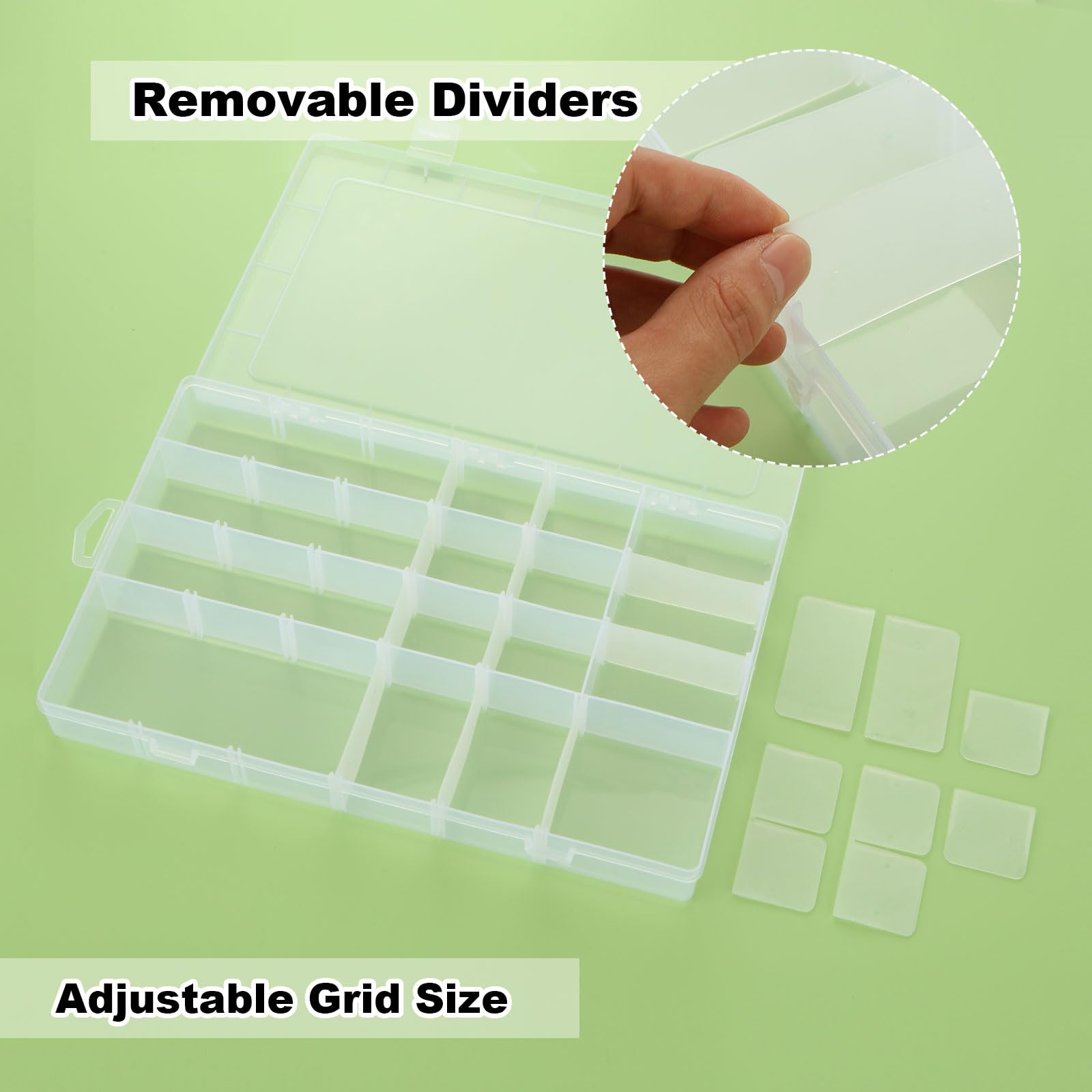 4Pack Large 24 Grids Plastic Organizer Box with Dividers - 24 Compartment Organizer, Clear Tackle Box Organizers and Craft Storage with Adjustable Removable Divider, Fishing Organizer Box for Art DIY