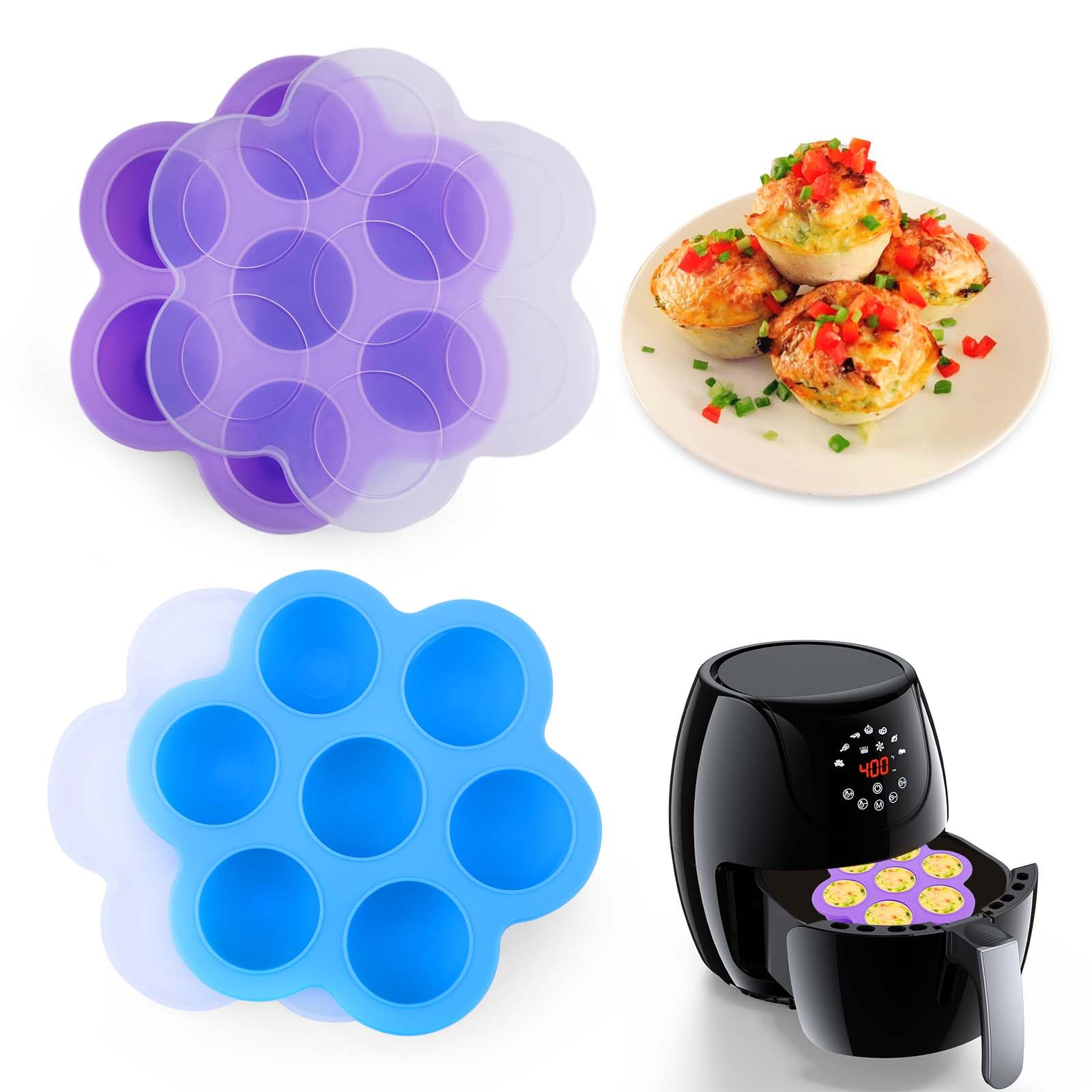 XANGNIER Silicone Air Fryer Egg bite Mold,2 Pack Reusable Egg Bites Pan with Lid-Alternative to Sous Vide Egg Bite Maker,Air Fryer Accessories