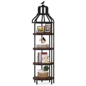 Tribesigns 4-Tier Corner Bookshelf, Industrial 4 Shelf Corner Bookcase Small Book Shelf, Round Floor Standing Display Storage Rack Organizer for Living Room, Home Office, Small Space (Rustic Brown)