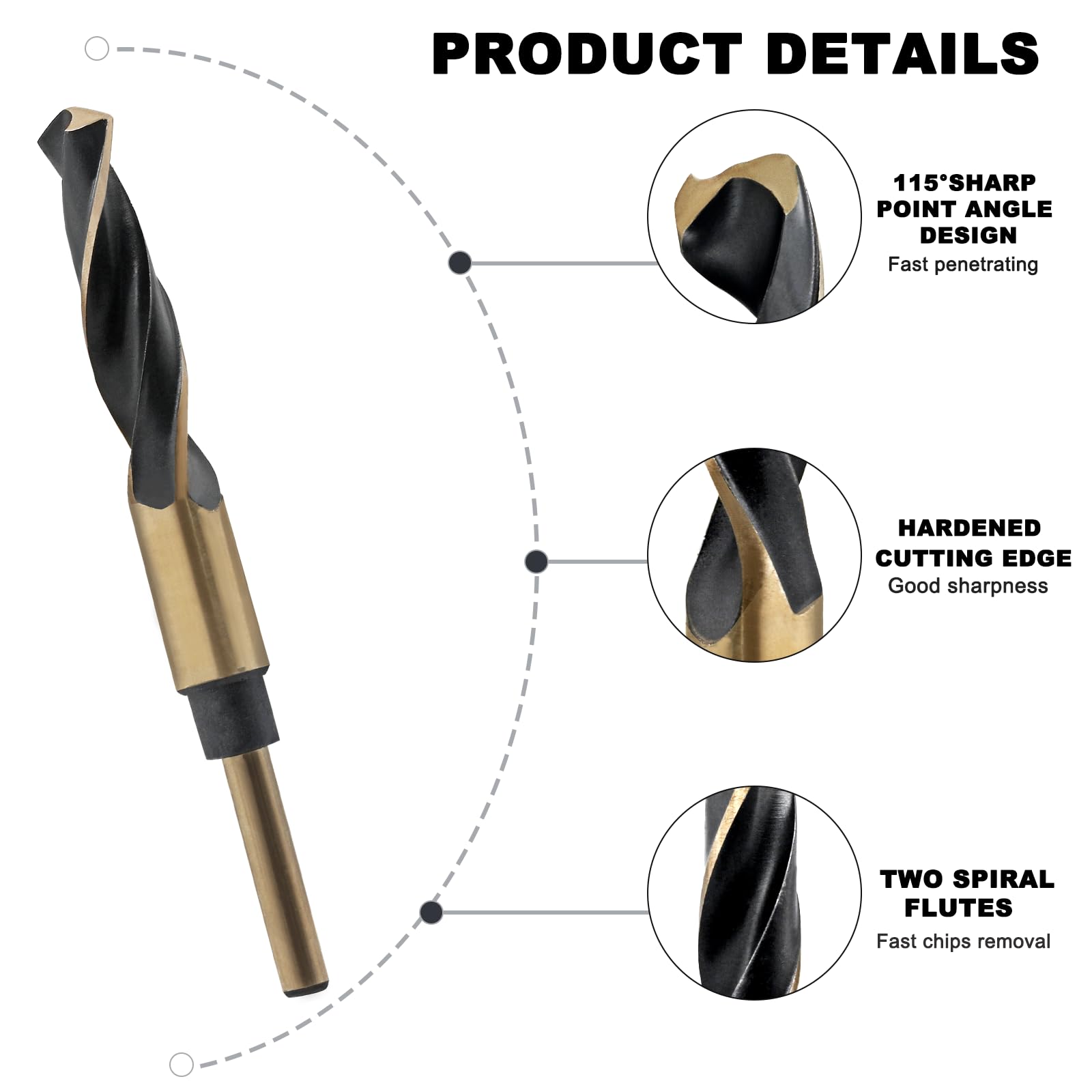 LifCratms 5/8" Reduced Shank Drill Bit, 0.38" Shank HSS Drill Bit Black and Gold Oxide Finish, 115 Degree Split Point Industrial Drill Bit for General Building Engineering Woodworking DIY Projects