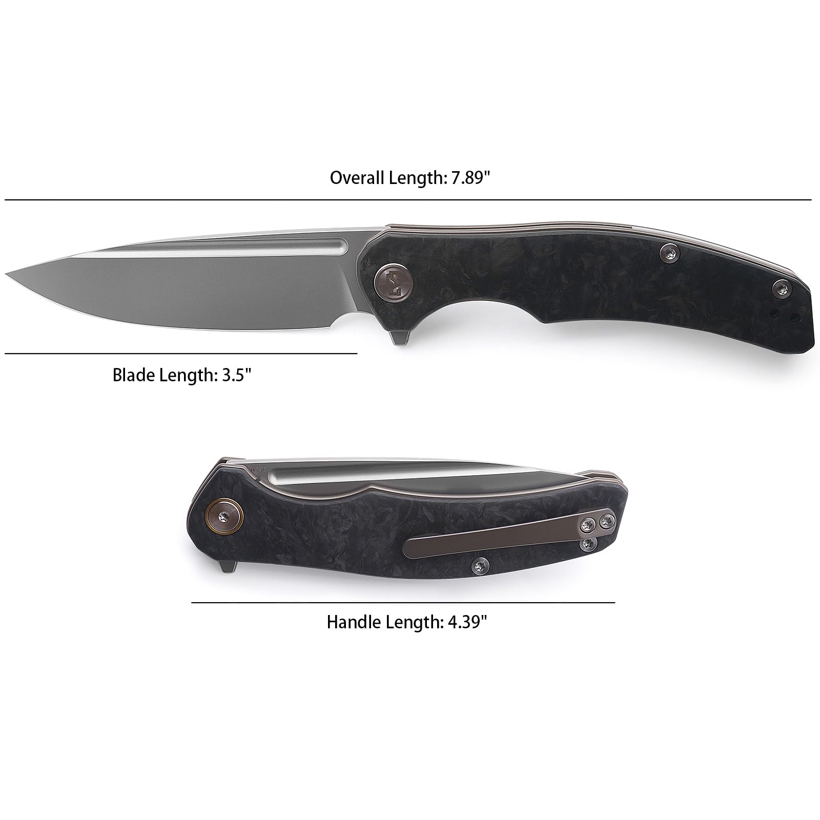 Miguron Knives M Velona Flipper Folding Knife,3.5" M390 Blade Bronze Anodized Titanium With Carbon Fiber Handle,Camping Hiking Pocket Knife MGR-613BNS