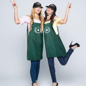 Liitrsh Barista Apron Halloween Costume with Hat and Microphone Green Coffee Theme Adult Outfits with Logo for Man Women Kitchen Cooking Halloween Adult