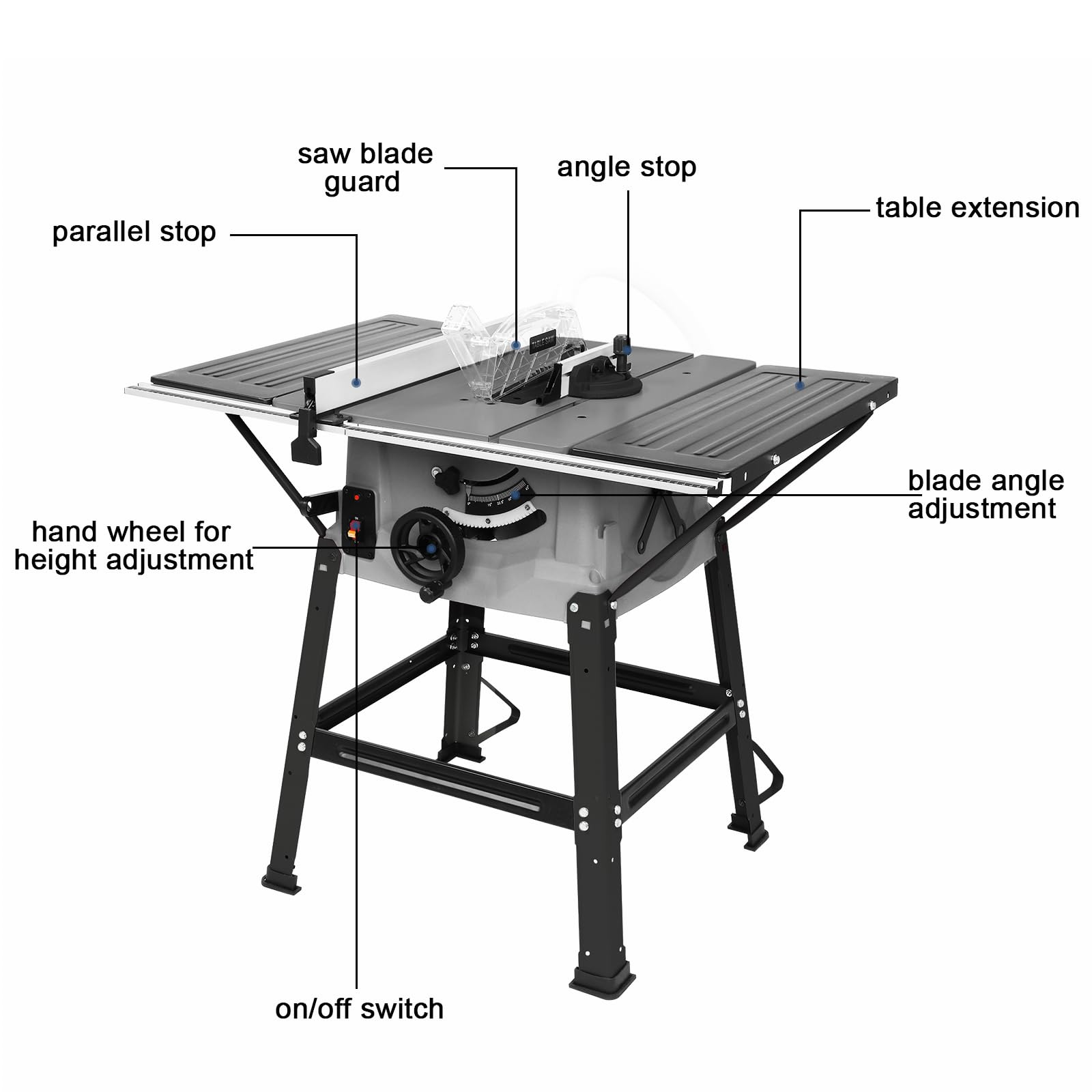 TUFFIOM 10inch Table Saw w/Port for Connecting Dust Collector, Portable Benchtop Table Saw w/ 60T Blade, Stand & Push Stick, 5000RPM, Adjustable Blade Height, 90°Cross Cut & 0-45°Bevel Cut, Gray