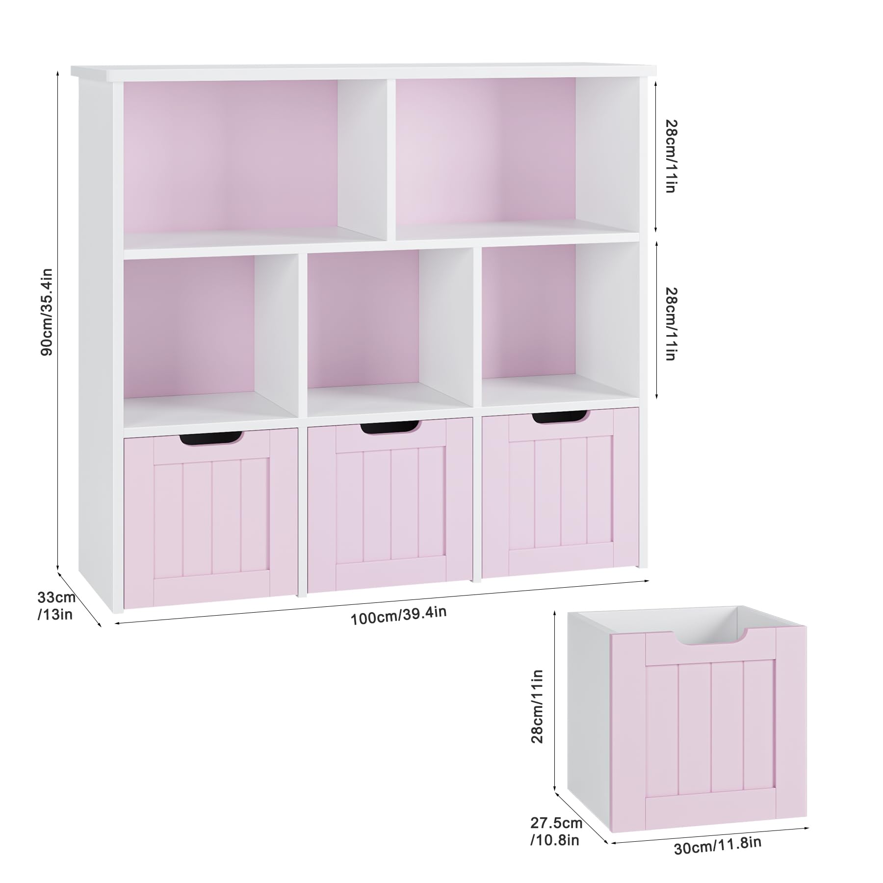 FOTOSOK Toy Storage Organizer with 3 Movable Drawers, Floor Storage Cabinet Toy Chest with Hidden Wheels and 5 Storage Cubbies, Multifunctional Storage Chest for Living Room, Home Office, Pink