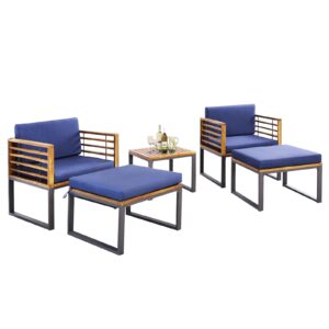 tangkula 5 piece patio chair set, acacia wood chair set w/ottomans & coffee table, soft seat & back cushions, outdoor wood furniture set for backyard, poolside, garden