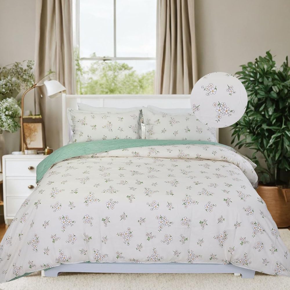 Usfivefam Floral Duvet Cover Set Queen,3pcs Green Floral Printed Duvet Cover Reversible Garden Style Patterned Bedding Set Botanical Comforter Cover with Zipper Closure,Soft and Luxury,90 * 90"