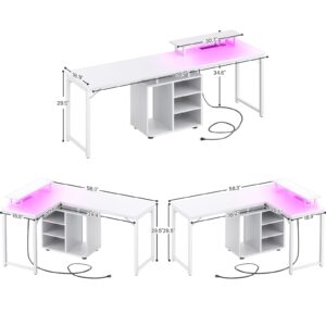 Cyclysio L Shaped Gaming Desk with Wood Cabinet, 58" Large Corner Desk with LED Lights & Power Outlet, Reversible Computer Desk with Monitor Stand, Home Office Desk 2 Person Corner Desk, White