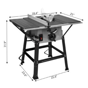 TUFFIOM 10inch Table Saw w/Port for Connecting Dust Collector, Portable Benchtop Table Saw w/ 60T Blade, Stand & Push Stick, 5000RPM, Adjustable Blade Height, 90°Cross Cut & 0-45°Bevel Cut, Gray