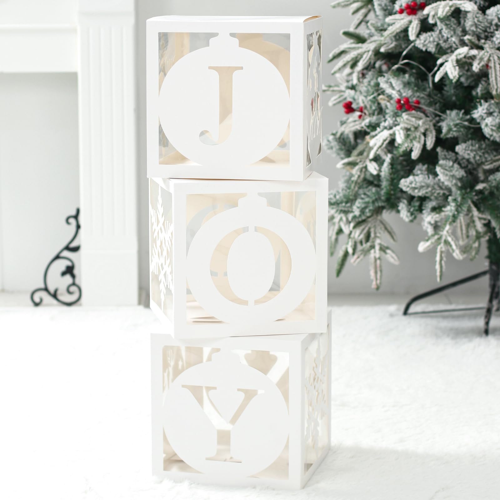 Light Up Christmas Decorations Indoor - 3pcs White Hollow-Out Paper Joy Boxes with Warm Light String, Holiday Fireplace Christmas Decorations for Home