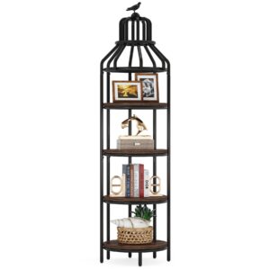 tribesigns 4-tier corner bookshelf, industrial 4 shelf corner bookcase small book shelf, round floor standing display storage rack organizer for living room, home office, small space (rustic brown)