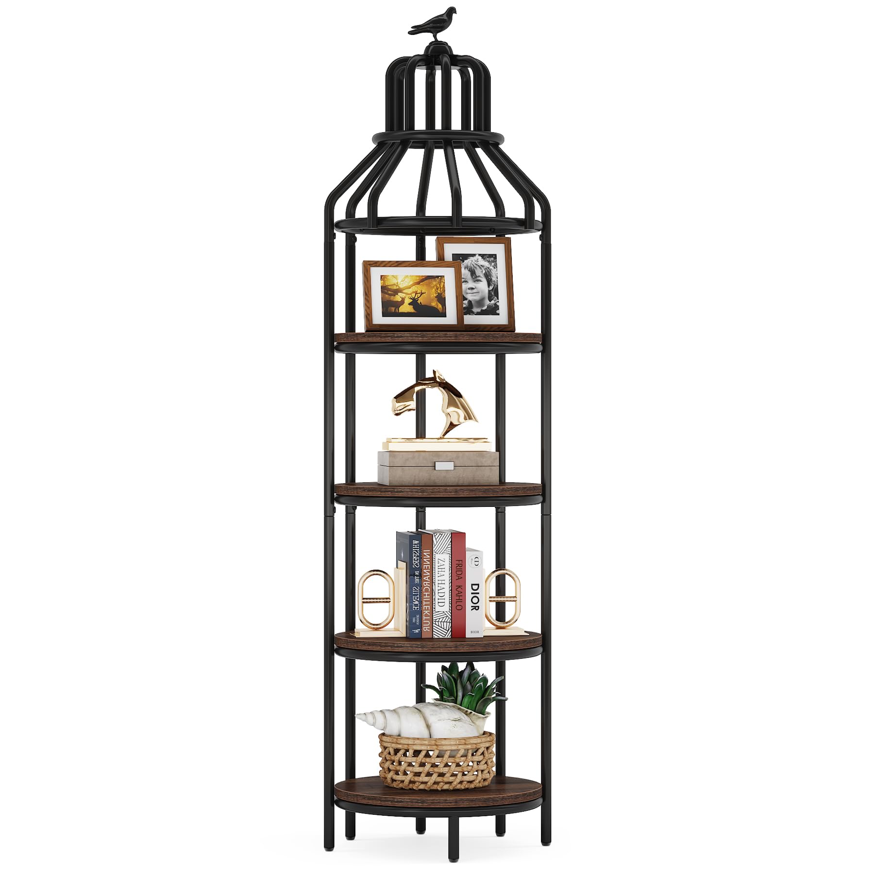 Tribesigns 4-Tier Corner Bookshelf, Industrial 4 Shelf Corner Bookcase Small Book Shelf, Round Floor Standing Display Storage Rack Organizer for Living Room, Home Office, Small Space (Rustic Brown)