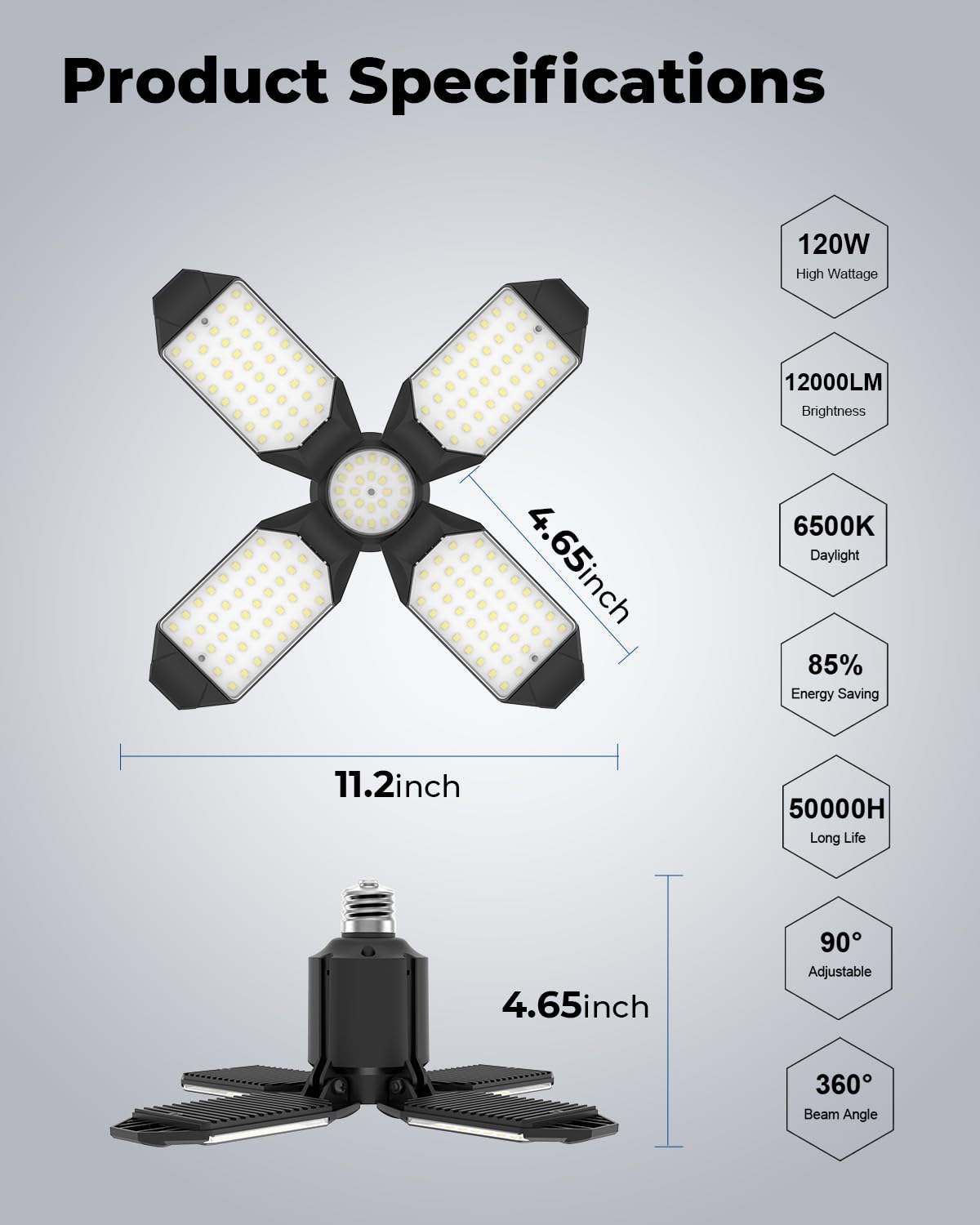 toberich LED Garage Light Bulb - 120W 12000LM Shop Lights with 4+1 Deformable Panels, 6500K Screw in Ceiling Lights for Garage, Workshop, Workbench, Basement (1 Pack)