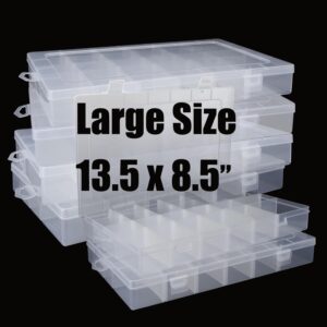 4pack large 24 grids plastic organizer box with dividers - 24 compartment organizer, clear tackle box organizers and craft storage with adjustable removable divider, fishing organizer box for art diy