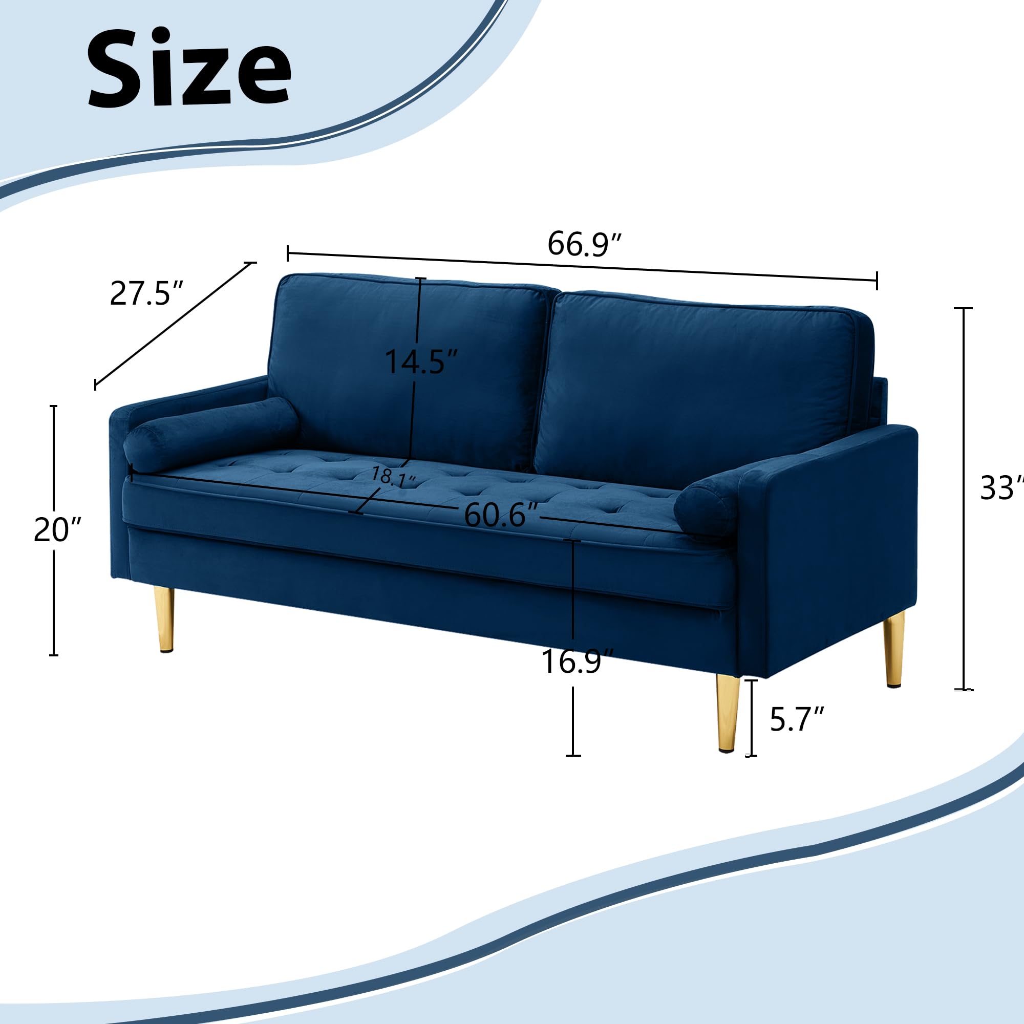 Hdxdkog Velvet Loveseat Sofa, 66.9'' Mid Century Modern Small Love Seats with 2 Pillows & Golden Legs Comfy Couch for Living Room, Upholstered 2 Seater Sofa for Small Apartment (Blue)