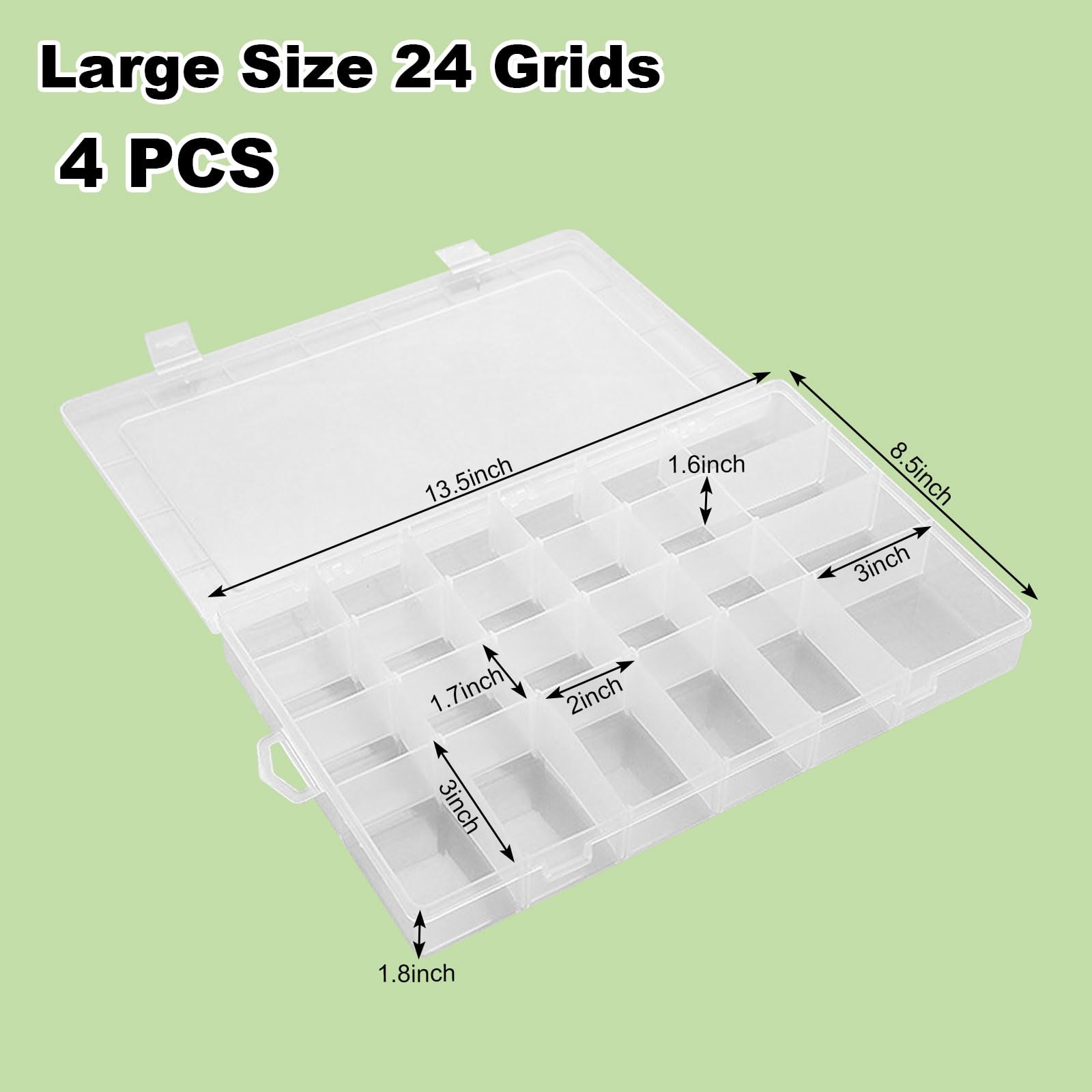 4Pack Large 24 Grids Plastic Organizer Box with Dividers - 24 Compartment Organizer, Clear Tackle Box Organizers and Craft Storage with Adjustable Removable Divider, Fishing Organizer Box for Art DIY