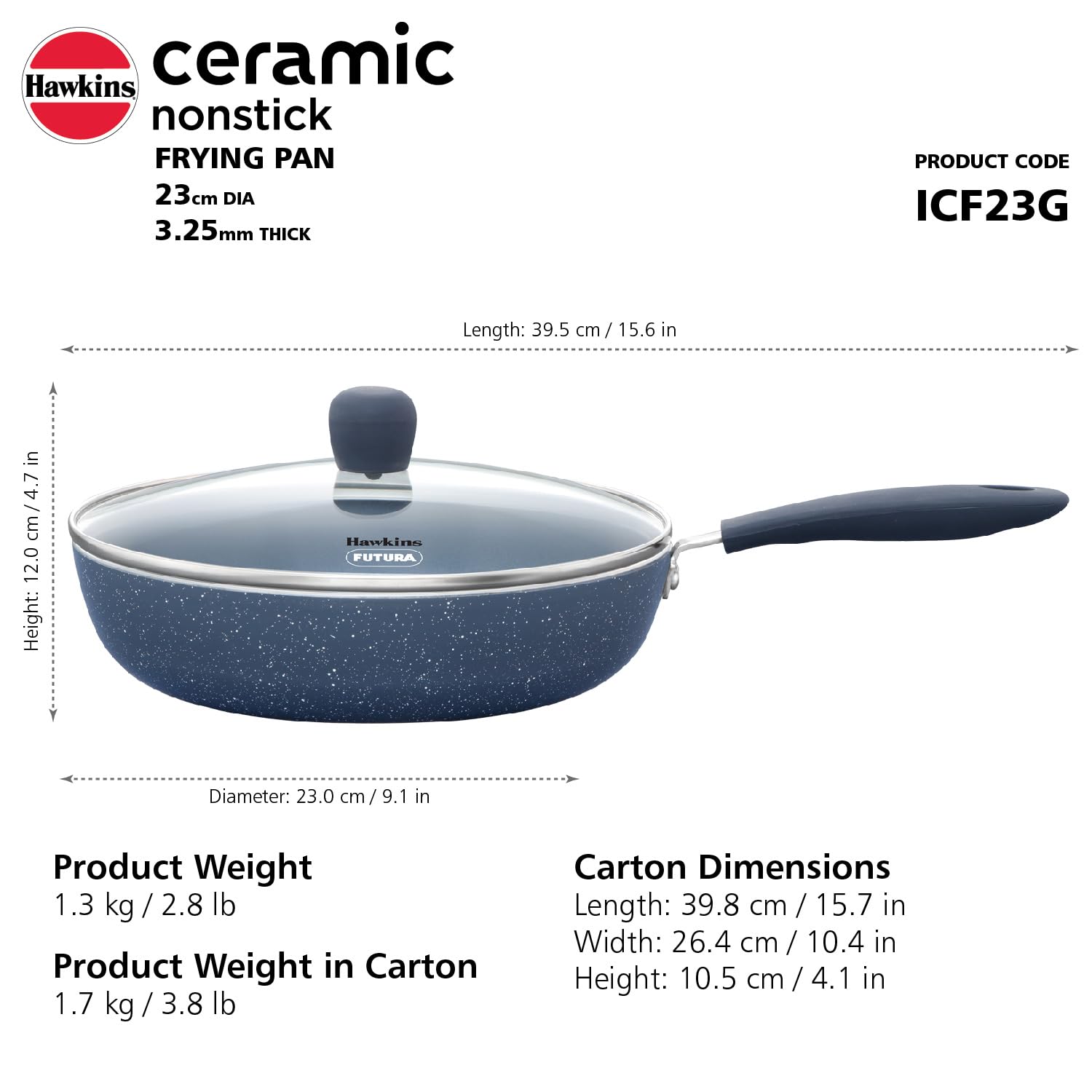 HAWKINS Ceramic Nonstick Frying Pan, 24 cm Diameter, Induction Fry Pan with Glass Lid, Granite Omlette Egg Pan, Fish Pan (ICF24G)