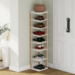 nutmak 8 tiers narrow shoe rack, wooden shoe organizer for closet front door entrance entryway, space saving tall storage rack, free standing vertical shoe shelf for small spaces white.