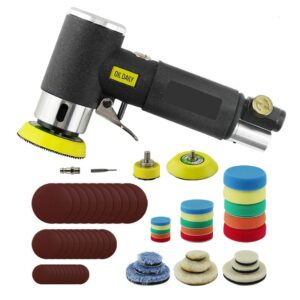 60pcs mini air sander kit, pneumatic sander with 1” 2” 3” backing plates, sanding discs, buffing pads for random orbital sanding buffing polishing