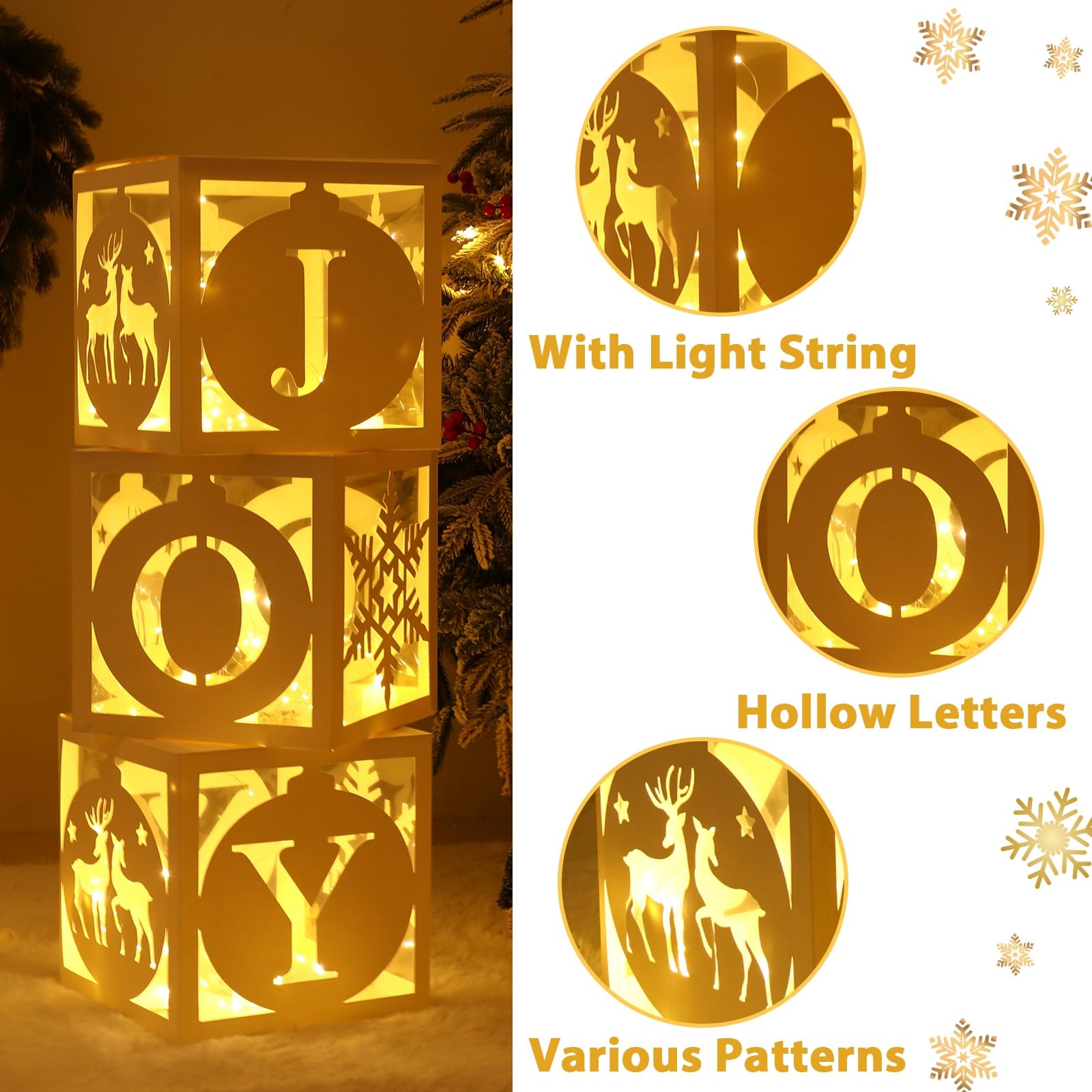 Light Up Christmas Decorations Indoor - 3pcs White Hollow-Out Paper Joy Boxes with Warm Light String, Holiday Fireplace Christmas Decorations for Home