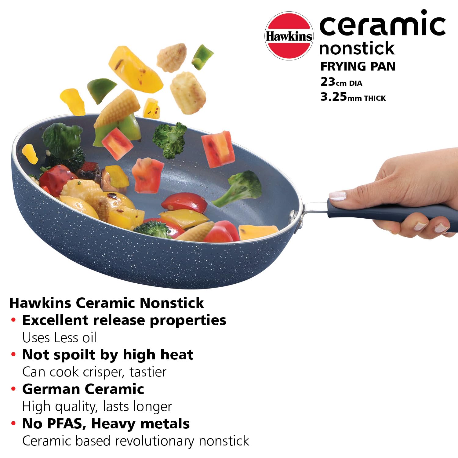 HAWKINS Ceramic Nonstick Frying Pan, 24 cm Diameter, Induction Fry Pan with Glass Lid, Granite Omlette Egg Pan, Fish Pan (ICF24G)