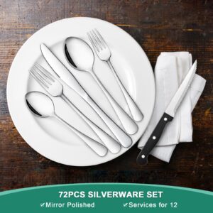 AIKWI 72-Piece Silverware Set with Steak Knives Service for 12, Stainless Steel Cutlery Flatware Set, Mirror Polished Tableware Utensils Set for Home Party Hotel Kitchen, Dishwasher Safe