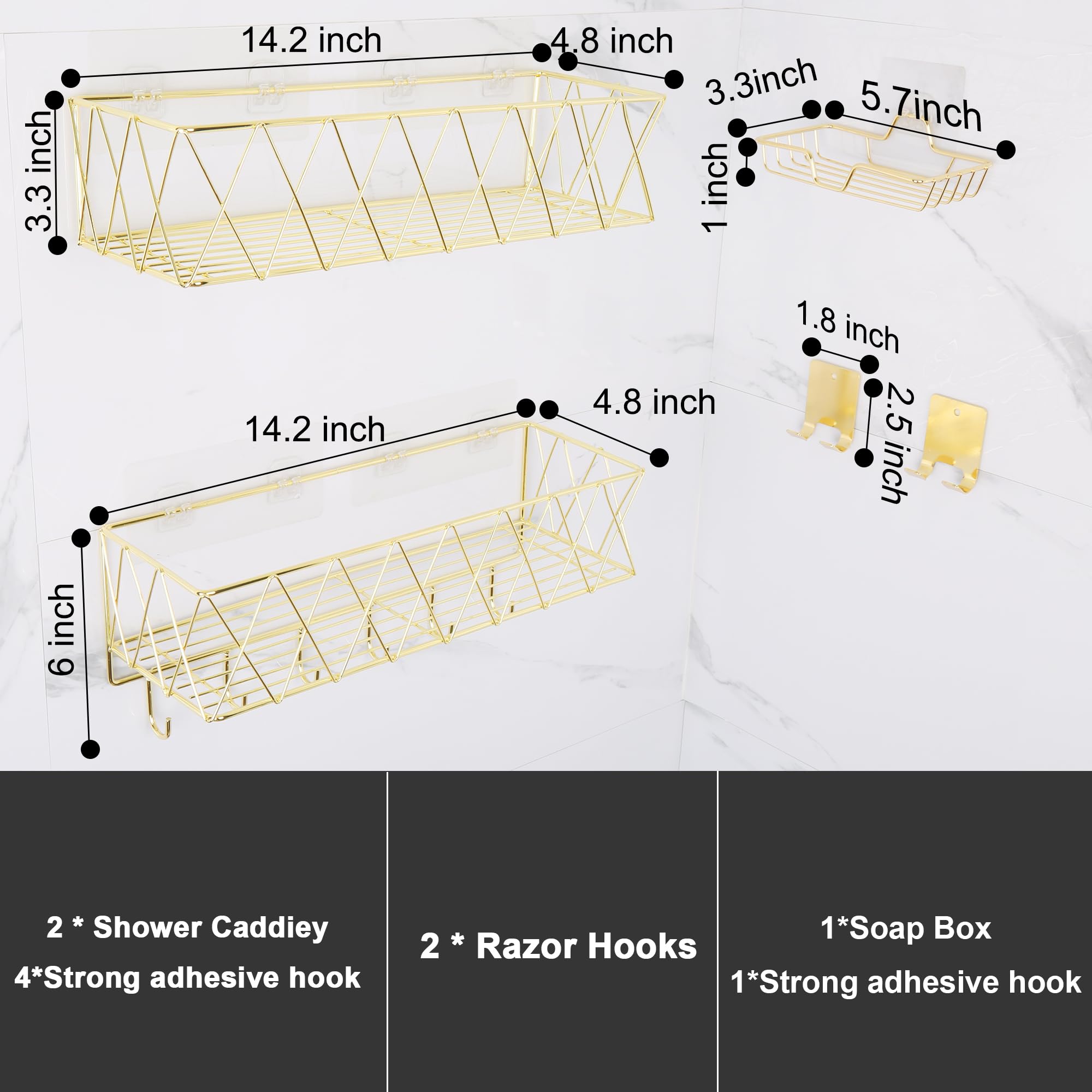 THCOFUUD Gold Shower Caddy, 5 Pack Rustproof Stainless Steel Organizer With Soap Holder & 2 Razor Hooks, Wall Mounted Shelves, Adhesive Rack, Large Capacity Basket for Storage, Gold Decor