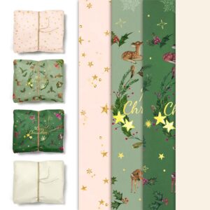 nicrohome 24 sheets christmas tissue paper, dark green pink vintage snowflake wrapping paper set bundle for holiday christmas gift bags wrapping (20 x 15inch)